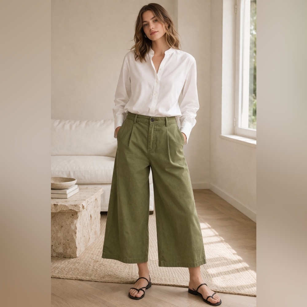 Nili Lotan Army Green Wide Leg Cropped Pants High Waist 4 - Picture 2 of 13